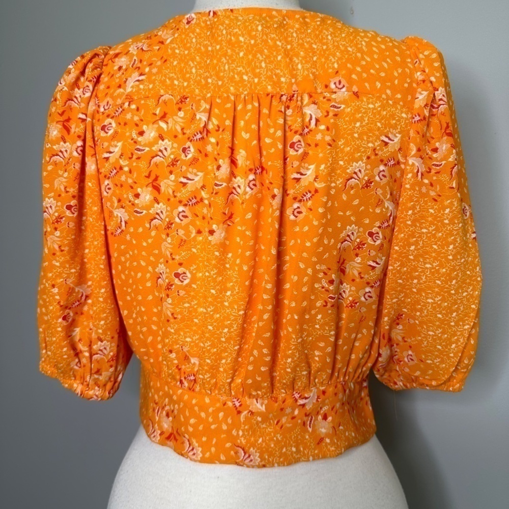 Joie Blouse Sz S Shirt Floral Orange Button Bow Tie Front Crop Cottagecore - Picture 8 of 11